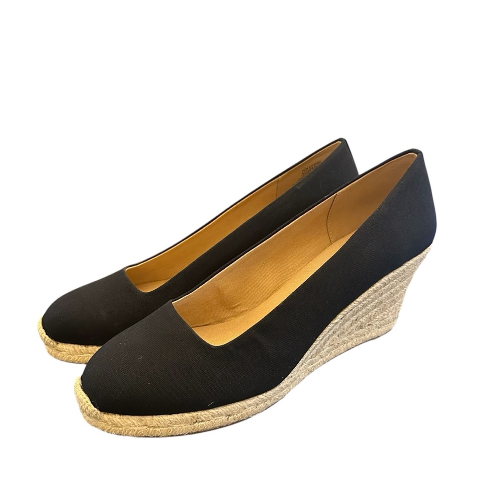 J. Crew Black and Tan Wedge Canvas Espadrilles